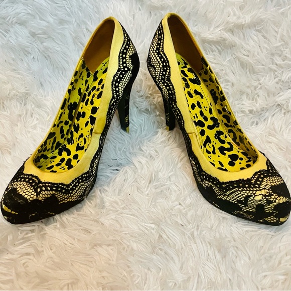 Colin Stuart Y2K Yellow & Black Lace Pump StilettoHeel Leopard Print Insoles - Picture 3 of 10